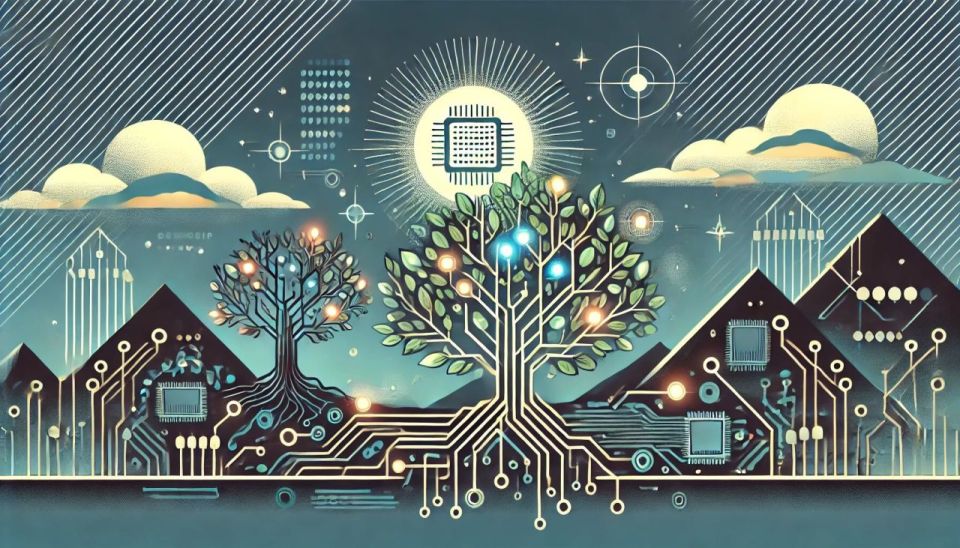 A complex, symbolic representation of technology in nature, minimalist design, flat design, digital illustration. Panoramic banner-style image.